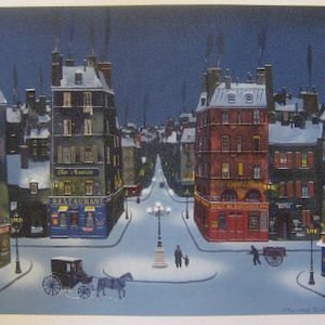 May include: A snowy Parisian street scene with a horse-drawn carriage in the foreground. The buildings are decorated with Christmas lights and snow. The street is lined with shops and restaurants, including a restaurant called "Restaurant", a bar called "Bar "Le Nouveau", and a shop called "Boutique "Le Bon Marché".