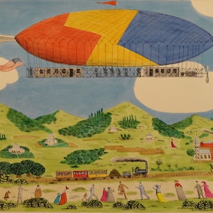 May include: A watercolor painting of a colorful airship flying over a green landscape with houses, trees, and a train. The airship is red, yellow, and blue with a white star on the side. The landscape is filled with green trees and houses. A train is traveling on tracks in the foreground.