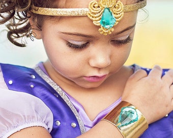 Girls Genie Jewel Headband Cuffs Set, Arabian Princess Jewel Headband, Shimmering Headband and/or Cuffs - Green Gem