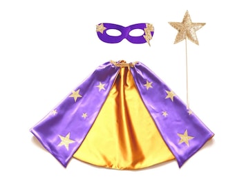 Kids Purple Superhero Cape, Kids Purple Magic Cape Set, Kids Purple Magician Cape, Purple and Gold Star