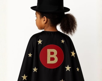 Personalized Kids Gift - Magician Cape  - Custom  Initial - Black Cape/Red Circle