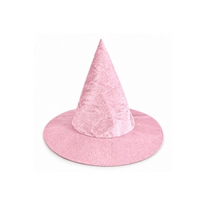 May include: A pointed witch hat crafted from a light pink crushed velvet fabric. The hat features a tall, conical crown and a wide, circular brim. The material has a distinct, textured, and slightly shimmering appearance throughout the surface.