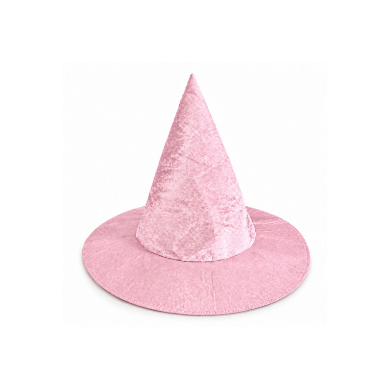 May include: A pointed witch hat crafted from a light pink crushed velvet fabric. The hat features a tall, conical crown and a wide, circular brim. The material has a distinct, textured, and slightly shimmering appearance throughout the surface.