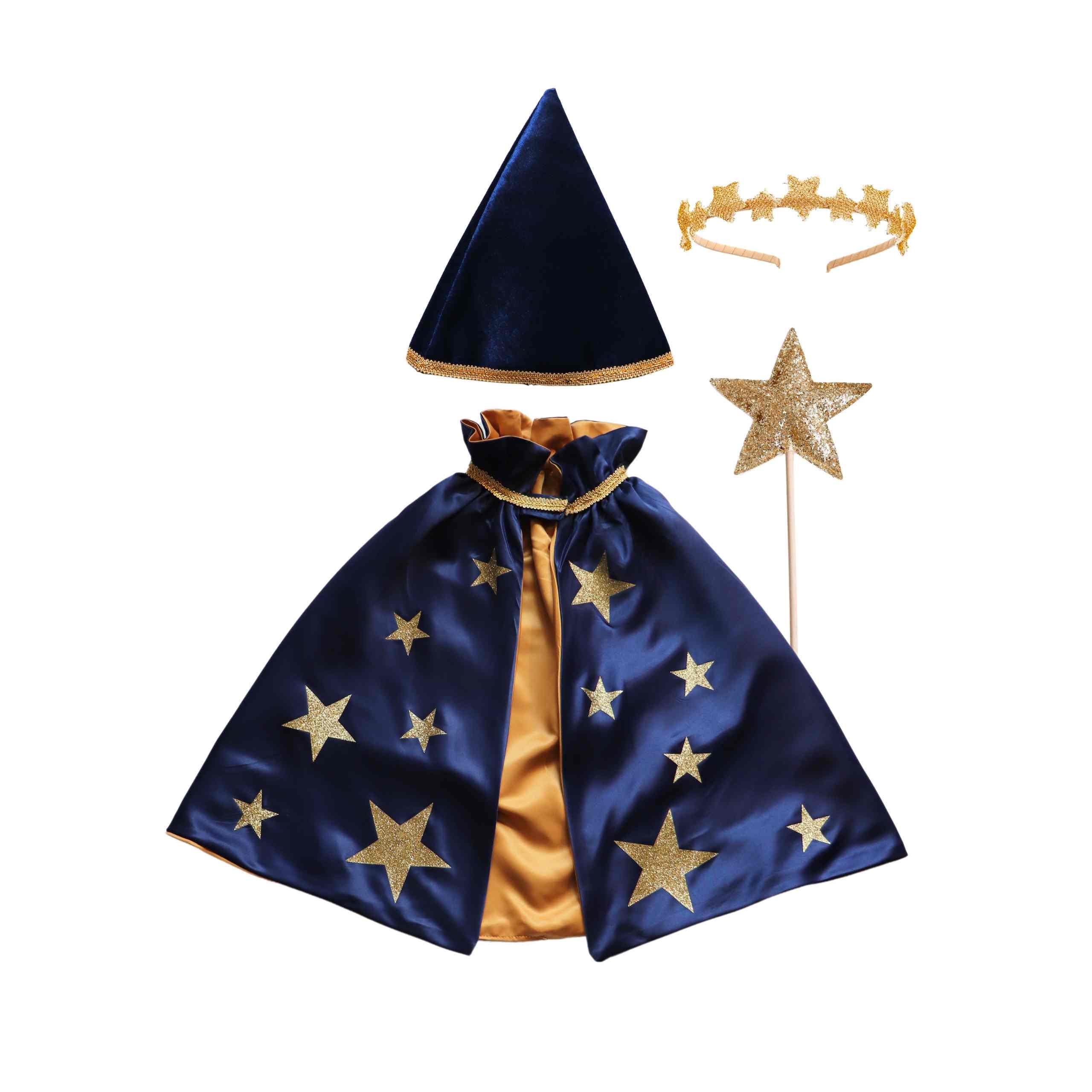 Costume Magicien Enfant 6 Pièces – Cape, Chapeau, Baguette, Lunettes, écharpe, Cravate – Pour Halloween, Cosplay, 125-135 Cm