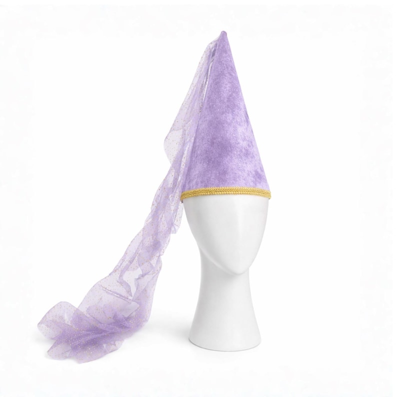 A white mannequin head wearing a purple cone-shaped hat with a long, flowing purple fabric draped over the side.
