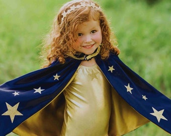 Kids Magic Wand Cape Set,Princess Cape,Birthday Outfit, Navy and Gold Star Cape