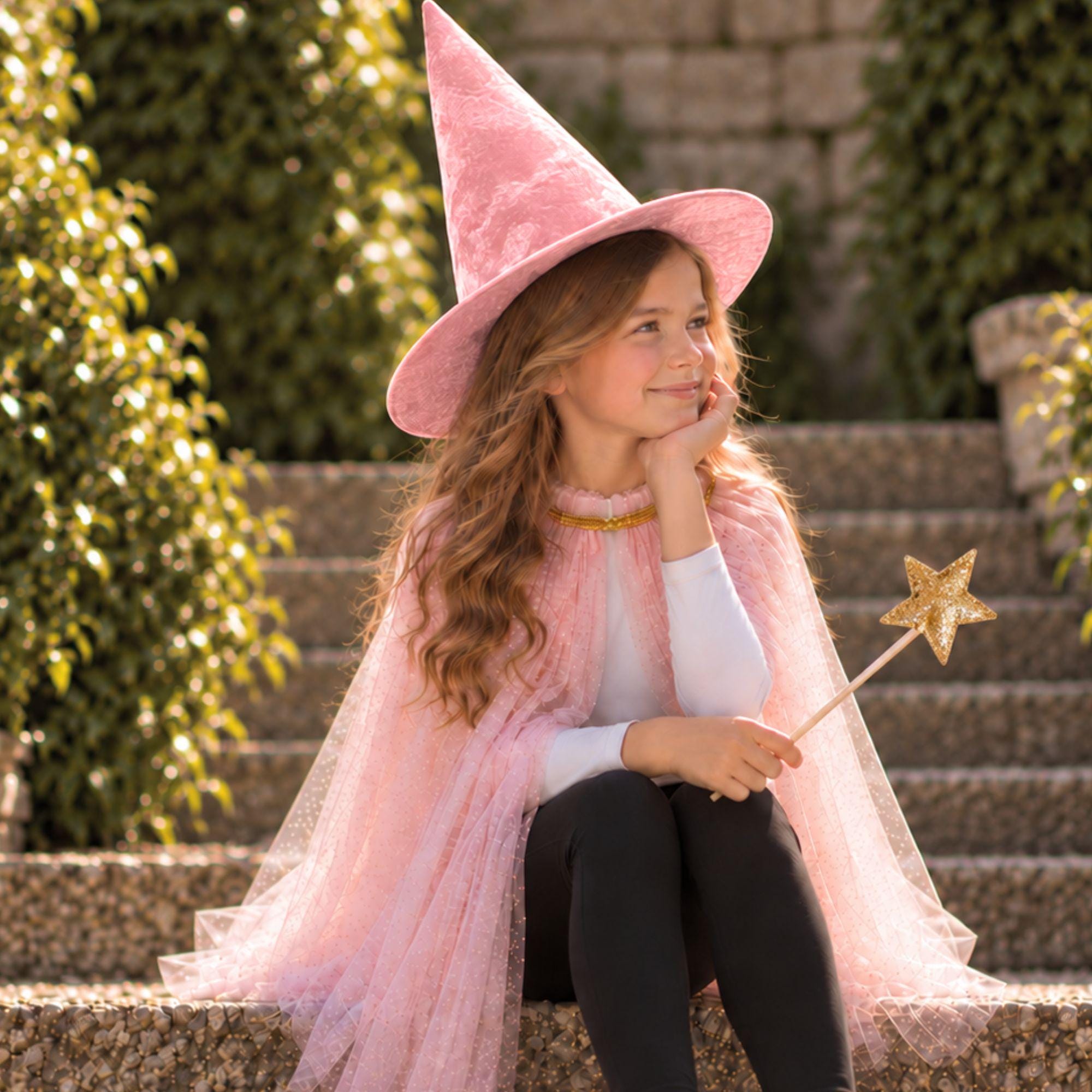 Kids Pink Witch Costume Set Tulle Cape, Velvet Hat & Wand - Pink
