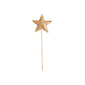 May include: A gold glitter star topper attached to a thin, straight, light-colored wooden stick. The five-pointed star features a textured, sparkling surface that reflects light, mounted centrally on the slender vertical stem.
