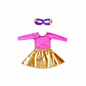 Superhero Leotard Skirt Set, Girls Superhero Costume, Pink Superhero, Pink with Gold Stars - Costume Set Options