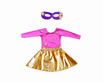 Superhero Leotard Skirt Set, Girls Superhero Costume, Pink Superhero, Pink with Gold Stars - Costume Set Options