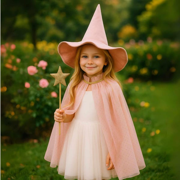Kids Pink Witch Costume | Witch Cape+ Pink Witch Hat+ Wand Set | Kids Halloween Costume | Girls Witch Costume - Pink