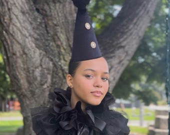 Jeweled Velvet Clown Hat Set, Adult Pierrot Clown Costume  – Renaissance Fair Halloween Costume - Black