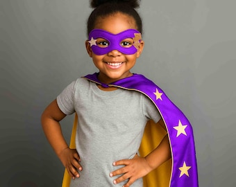 Superhero Star Power Cape Set, Girls Superhero Costume, Kids Superhero Costume, Purple with Gold Stars