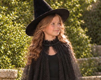 Kids Black Witch Costume Set | Tulle Cape, Velvet Hat & Wand - Black