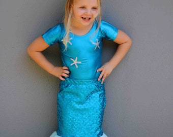 Girl's Mermaid Costume, Mermaid Tail Tulle Skirt, Metallic Leotard & Skirt Costume Options, Kids Halloween Costume - Blue Starfish