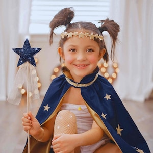 Kids Magician Costume, Wizard Costume, Girls Magician Cape, Celestial Star Cape - Navy