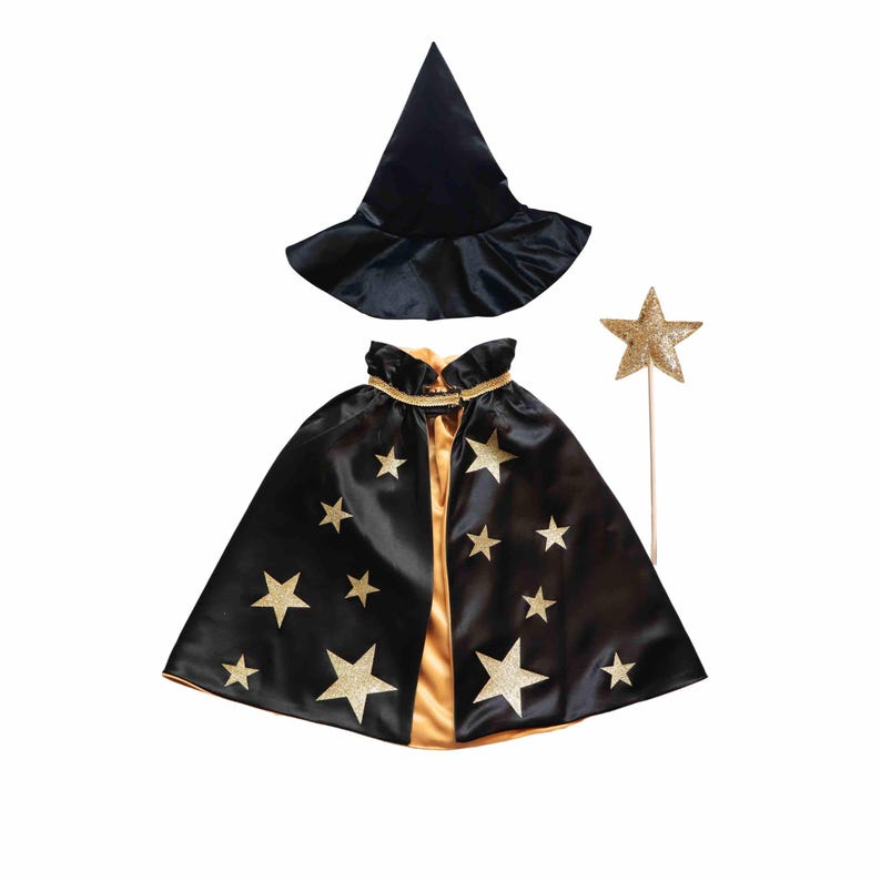 a black wizard's outfit with gold stars, including a black hat, cape, and a gold star prop.