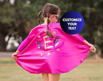 Custom Superhero Cape, Personalized  Kids Gift, Girls' Costume, Pink with Purple Lightning Bolt and Gold Stars, Additional Set Options