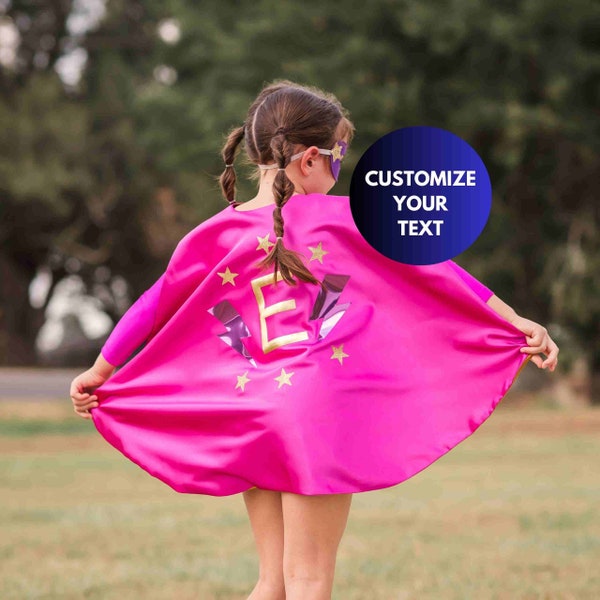 Custom Superhero Cape, Personalized  Kids Gift, Girls' Costume, Pink with Purple Lightning Bolt and Gold Stars, Additional Set Options