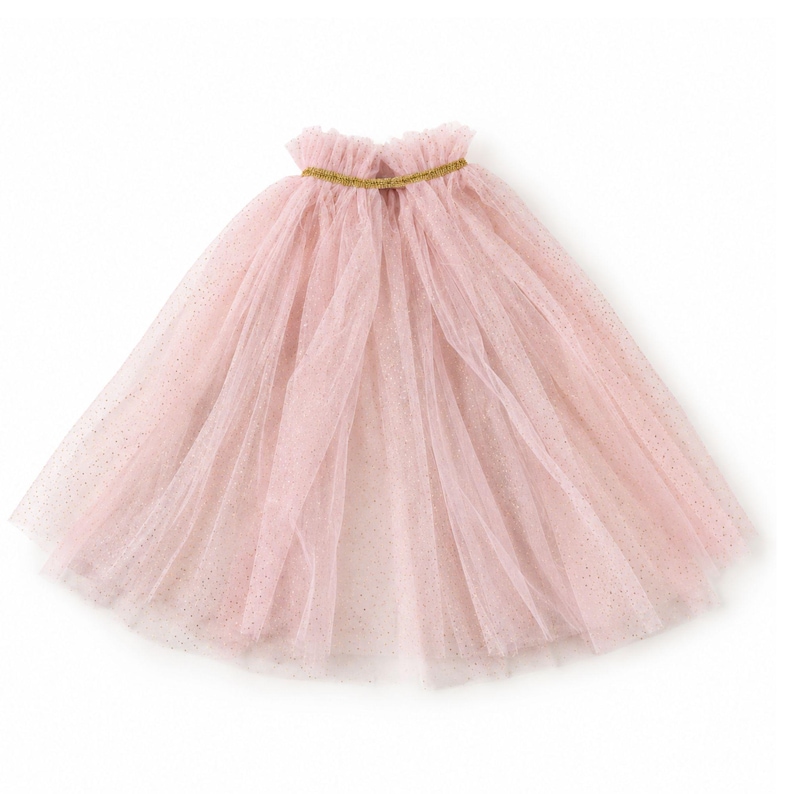 May include: A pale pink tulle cape featuring multiple layers of sheer, glitter-dusted fabric. The garment has a gathered, ruffled neckline accented with a thin, metallic gold trim that encircles the collar, creating a soft, voluminous silhouette.