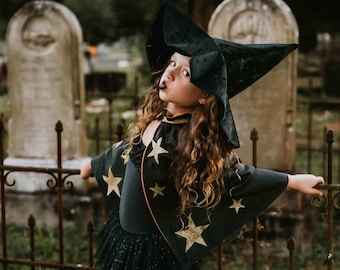 Kids Witch Costume, Witch Cape+ Witch Hat+ Wand Set, Celestial Witch Costume, Kids Halloween Costume, Girls Witch Costume - Black