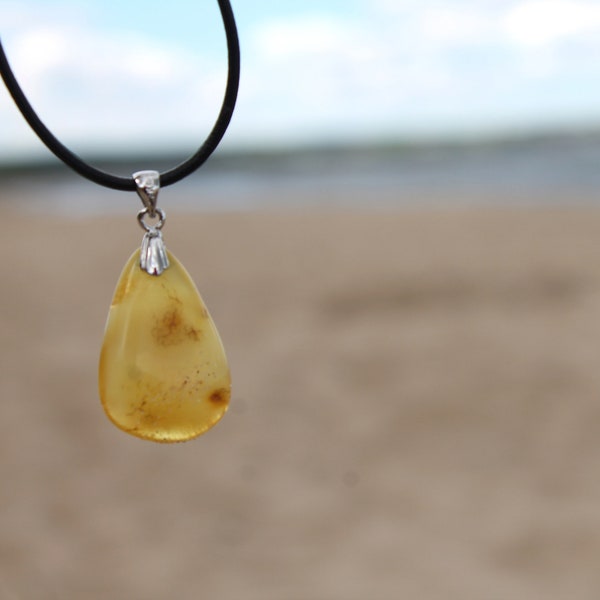 Yellow Amber Pendant Necklace Baltic Amber Charm Raw Natural Leather Eco Friendly Necklace White Milky Yellow Handmade Jewelry Man Unisex