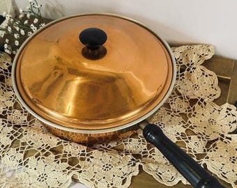 Sartén/olla de cobre vintage con tapa, decoración de cocina rústica francesa
