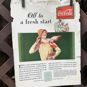 1929 Coca Cola 'Off To A Fresh Start' Flapper Girl-sjaal Advertentie met Coke Soda-print