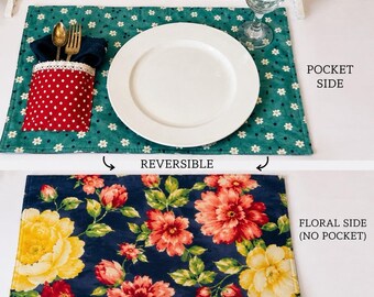 Juego de 6 manteles individuales reversibles con bolsillos para cubiertos + 4 servilletas a juego