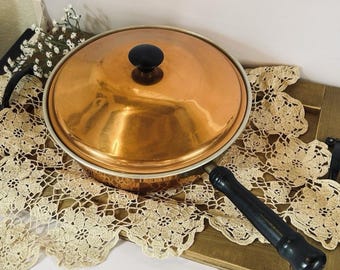 Vintage Copper Skillet/Fry Pan with Lid, French Country/Cottage Kitchen Decor