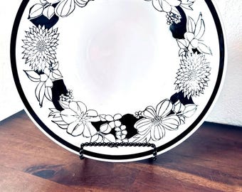 Vintage Mikasa Nocturne 3173 Groentekom 9" Made Japan zwart wit bloemen