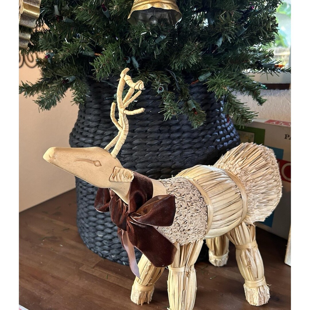 Vintage Handmade Reed Wood Deer Reindeer Cornhusk Folk Art Rustic Cabin ...
