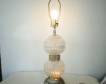 Stacking Orb Table Lamp Clear Diamond Pattern Glass Body w Silver Accents Vintage Mid Century Modern