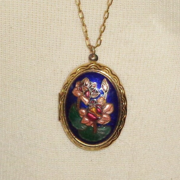 Longla Clock Cloisonné Floral Metallic Deco Necklace w Vintage Locket Mirror & Pendant Watch on Gold Tone Chain Link Chain