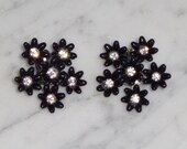 Rhinestone Clip On Earrings VINTAGE Silver Tone Metal Clear Rhinestone Lucite Flower Clip On Earrings