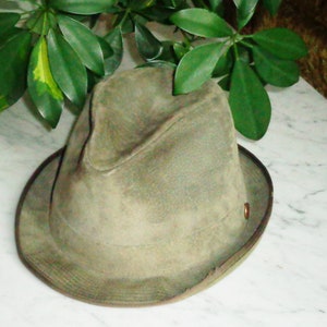 May include: A green felt fedora hat with a brown leather band and a metal button on the side.