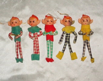 Pixie Elf Felt Made in Japan Plaid Posable Knee Hugger Ornaments Vintage Set of 5