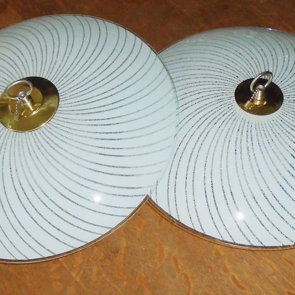 Saucer Light Fixture Set of 2 Swirl Glitter Vintage 14 3/4in Covers on 2 Bulb Pull String Electric