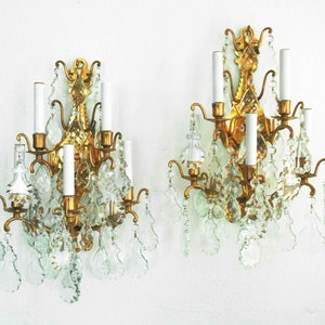 Mid Century Messing Wandleuchten 5 Licht / Arm w je 72 Prisma Kristalle, 2er Set Made in Italy