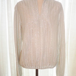 Vintage Judy Bond Size 14 Womens Silver Sleeve Blouse Shirt w Elastic Cuffs & Waist Seam image 2