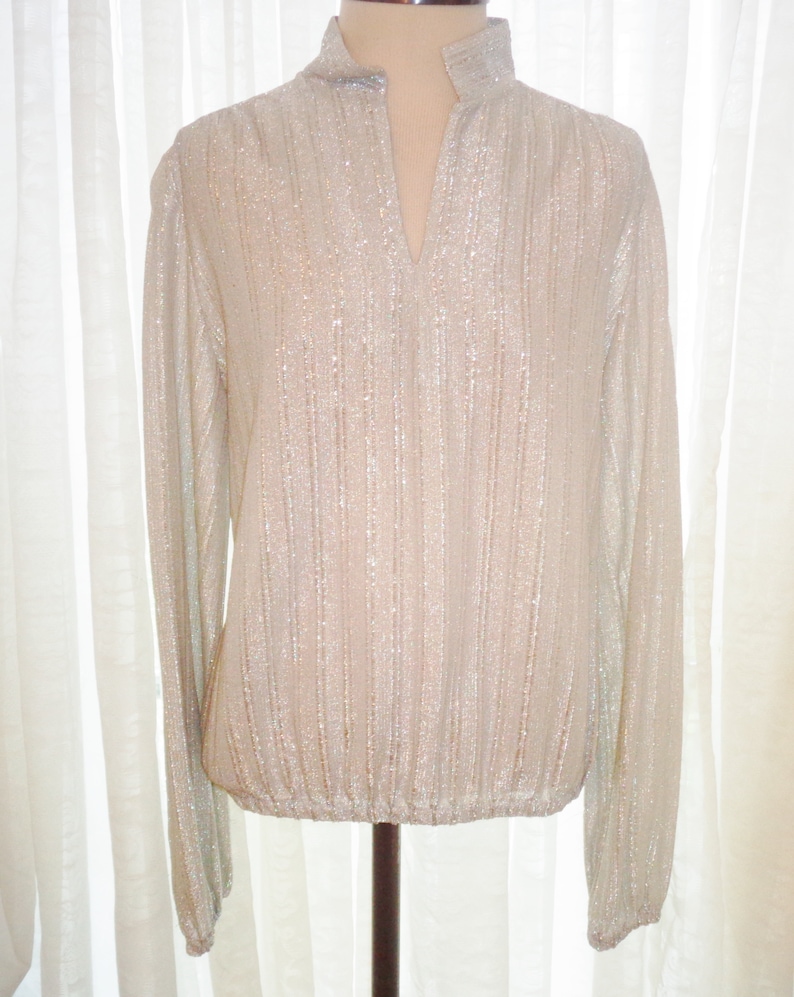 Vintage Judy Bond Size 14 Womens Silver Sleeve Blouse Shirt w Elastic Cuffs & Waist Seam image 2