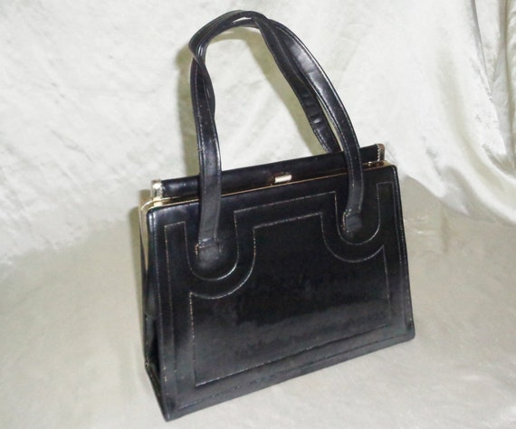 Vintage Black Vinyl Leather Purse Hand Bag w Inne… - image 4
