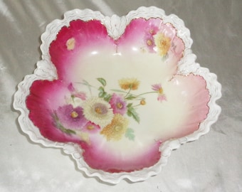 Tigela de porcelana antiga P.T. Alemanha Old Mark Barvaria Tirschenreuth, rosa e floral branco