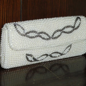 Vintage Faux Pearl & Beaded Made in Japan Clutch Purse 8 1/4 x 4 inch