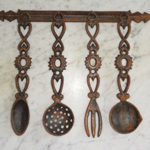 Vintage Cast Iron Metal 5 Piece Kitchen Utensil Set with Holder - Signed Taiwan