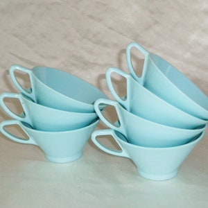 7 Vintage Sleek Teal Blue Green Melmac Triangular Coffee Cups, Unsigned