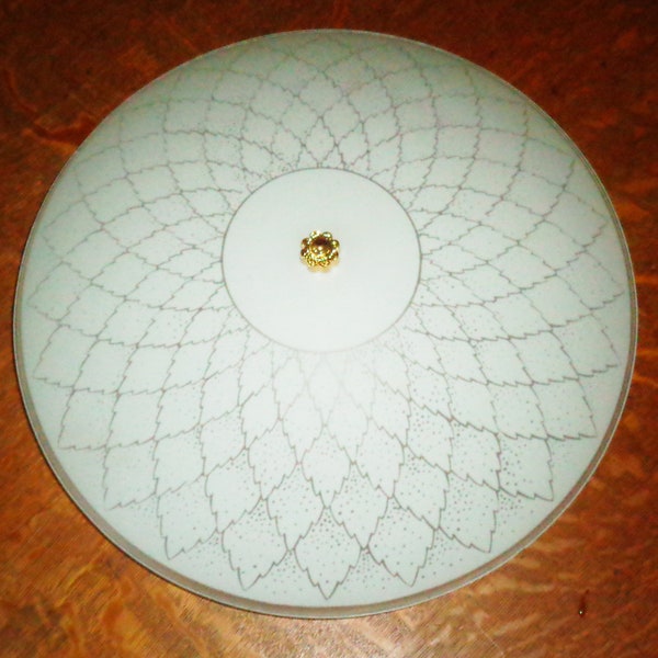 Wit geometrisch patroon frosted light fixture cover op 2 lamp elektrische plafondplaat, vintage 16 1/2 inch