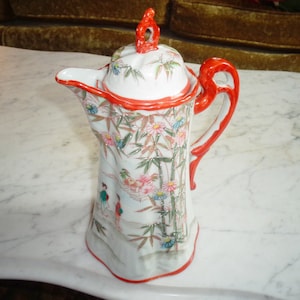 Coffee Tea Pot Signed Japan with Raised Hand Painted Japanese Bamboo Women Village Scene