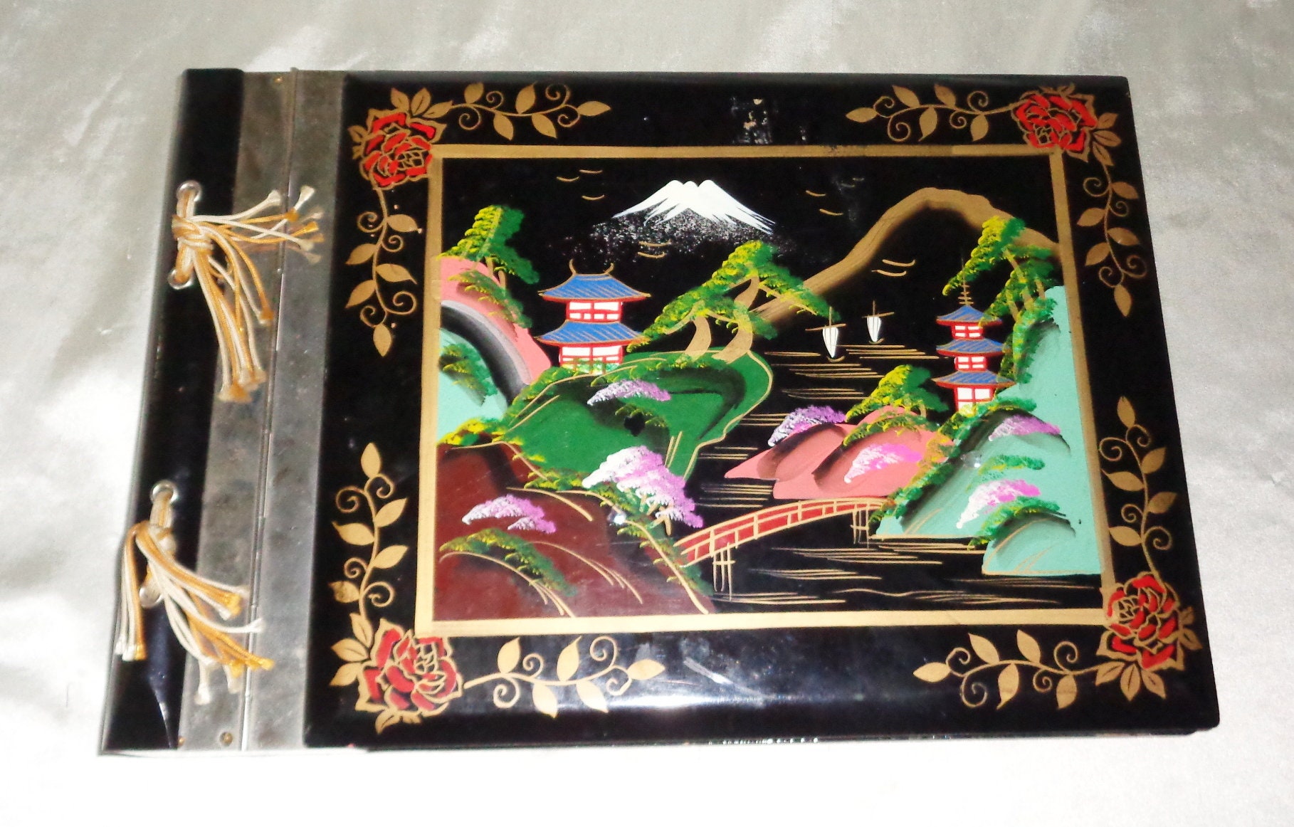 Wooden Oriental Japanese Asian Musical Photo Album, Vintage Made