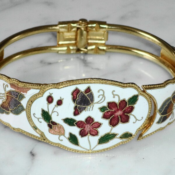 Enamel Cuff Bracelet w White Butterfly Flower Design, Vintage